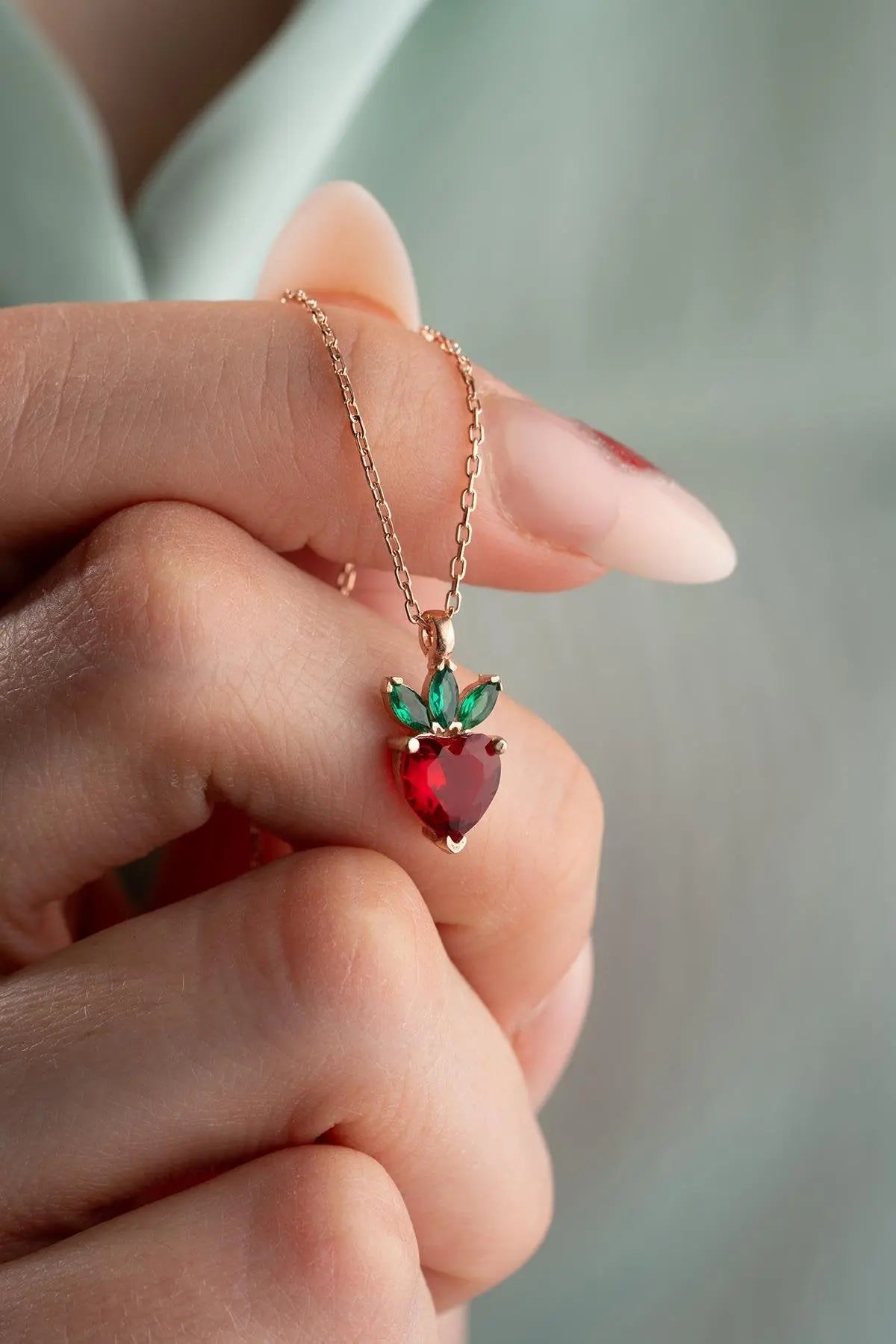 Red Zircon Stone Heart Strawberry Necklace Sterla jewelry