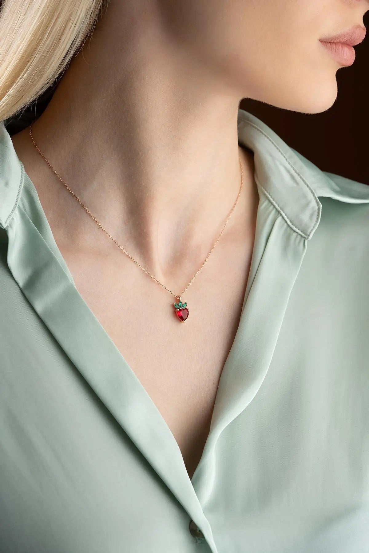 Red Zircon Stone Heart Strawberry Necklace Sterla jewelry