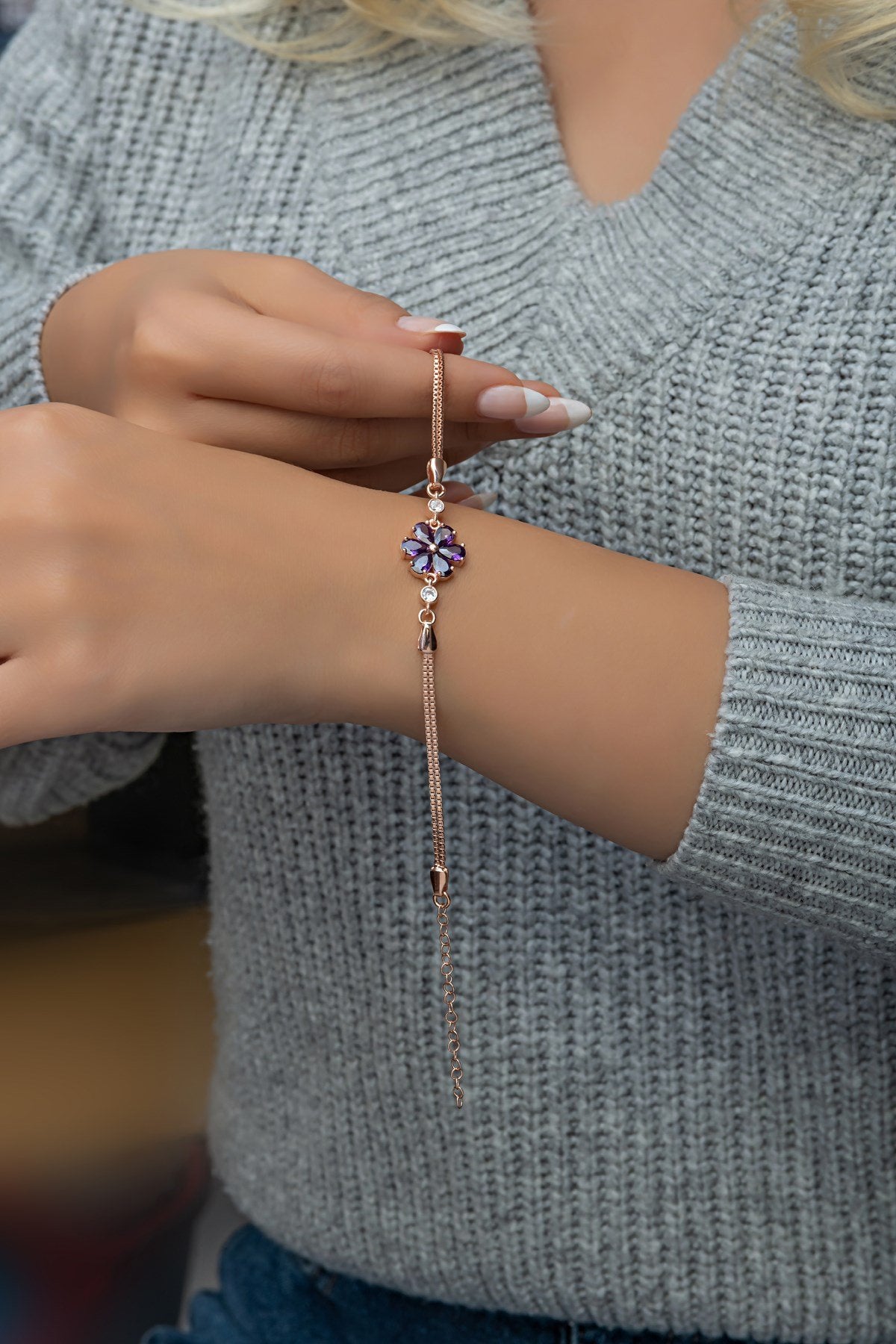 Amethyst Stone Leaf Flower Bracelet