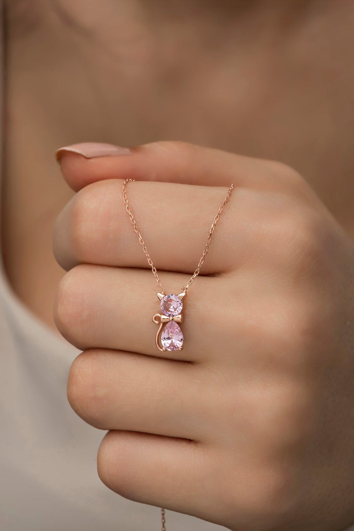Pink Morganite stone cat necklace