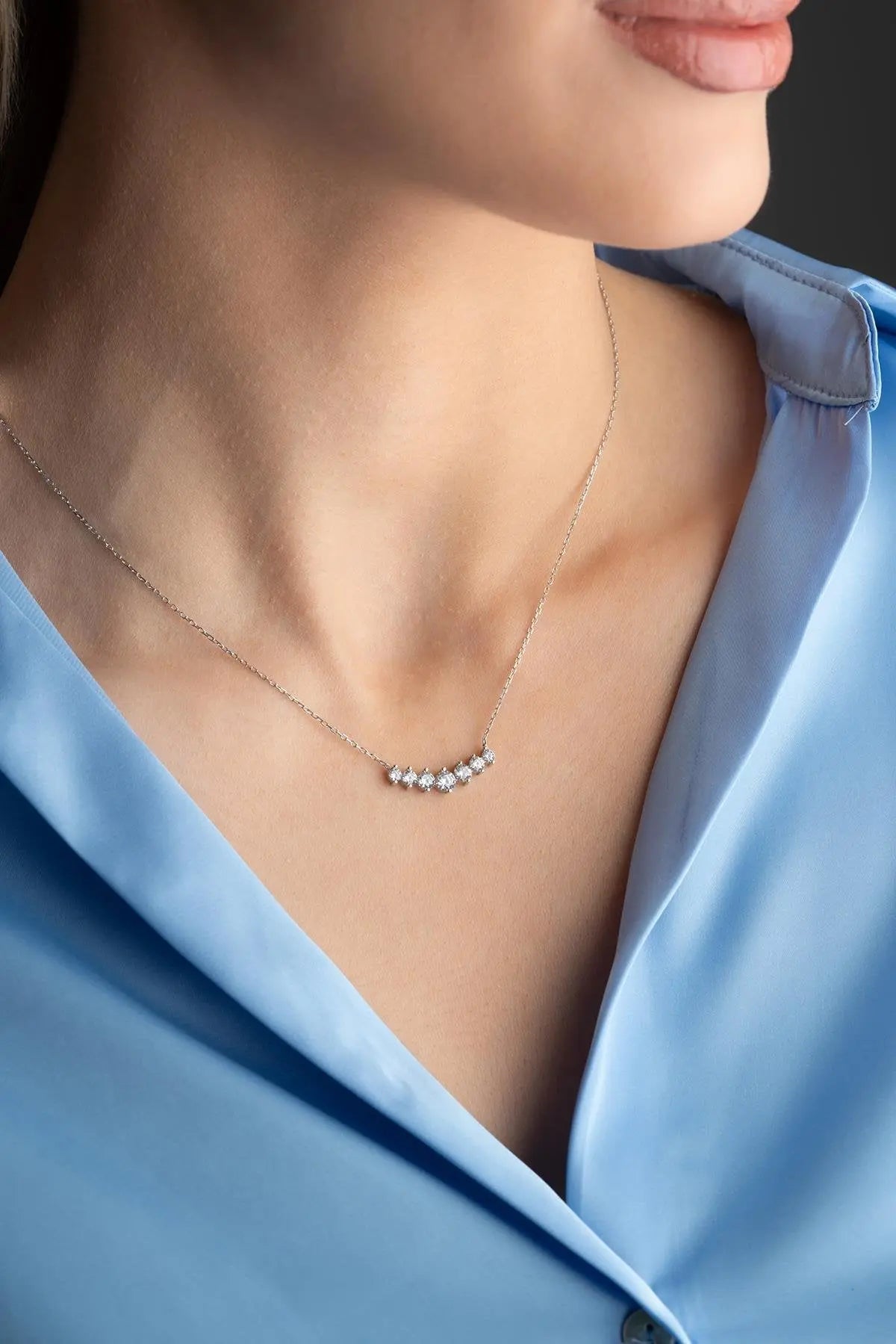Rhodium Plated Row 7 Zircon Stone Necklace Sterla jewelry