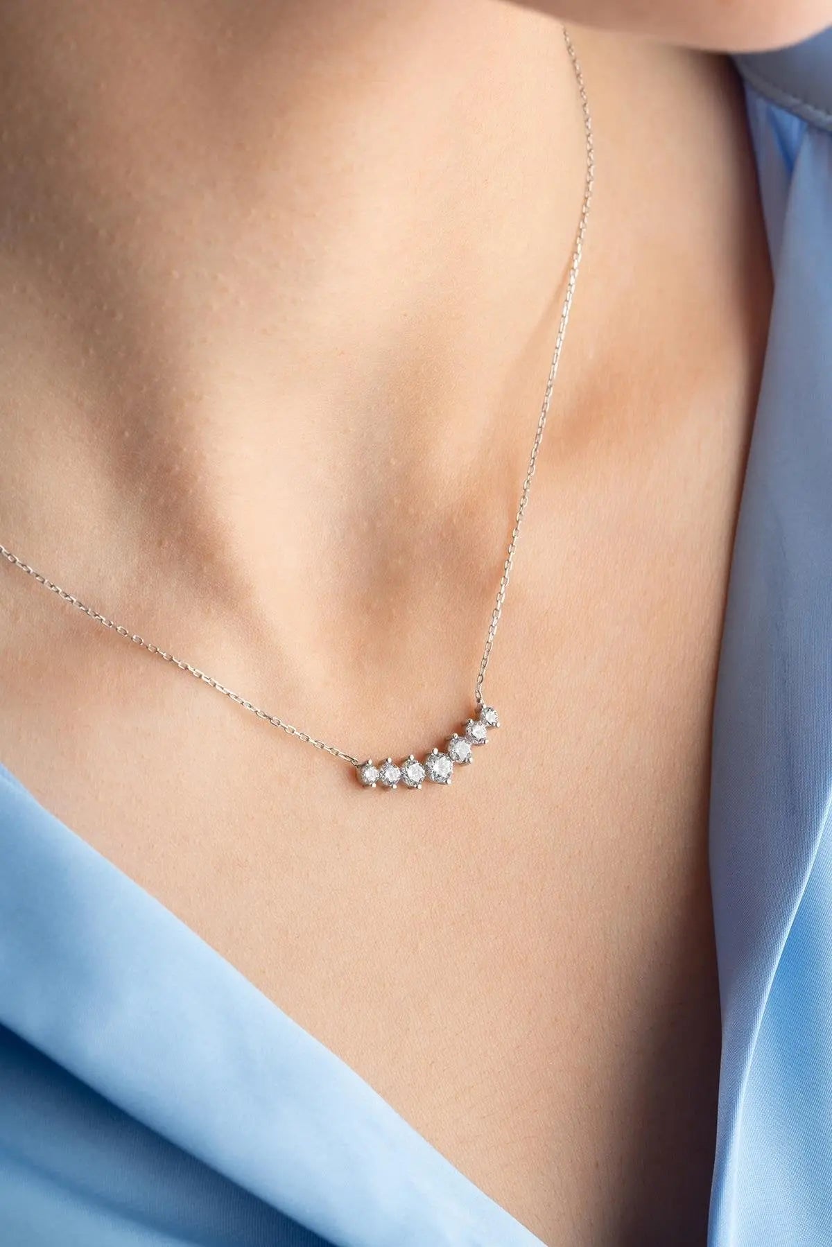 Rhodium Plated Row 7 Zircon Stone Necklace Sterla jewelry