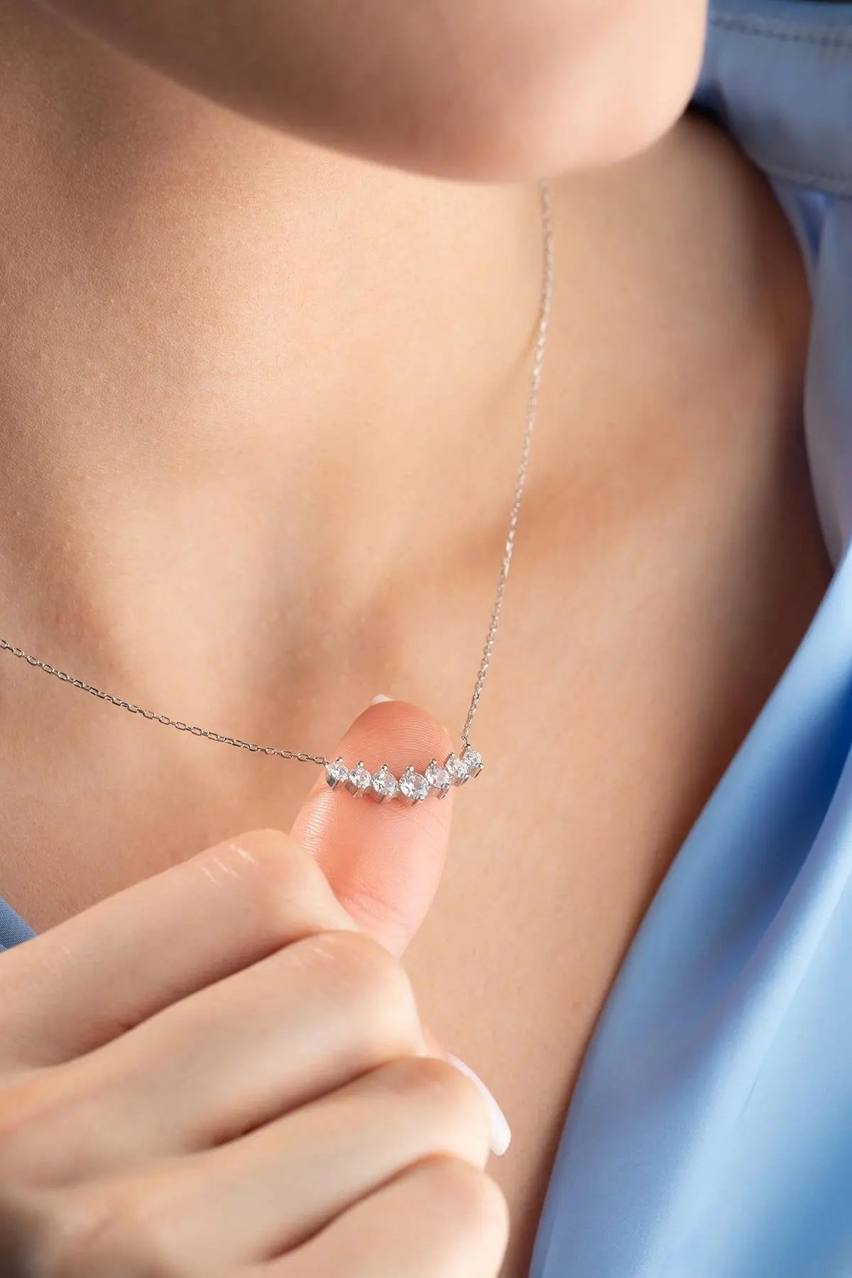 Rhodium Plated Row 7 Zircon Stone Necklace Sterla jewelry