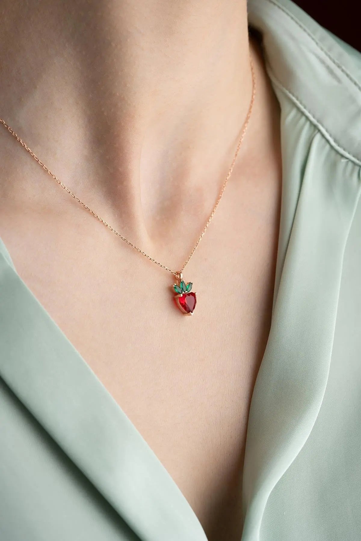 Red Zircon Stone Heart Strawberry Necklace Sterla jewelry