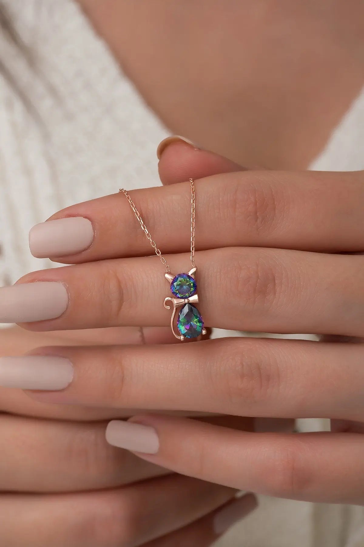 Mystic Topaz Stone Cat Necklace Sterla jewelry