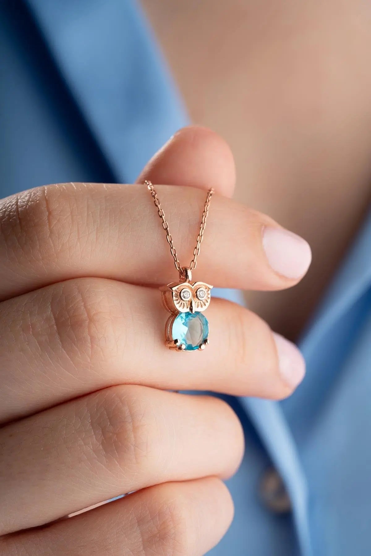 Aquamarine Stone Owl Necklace Sterla jewelry