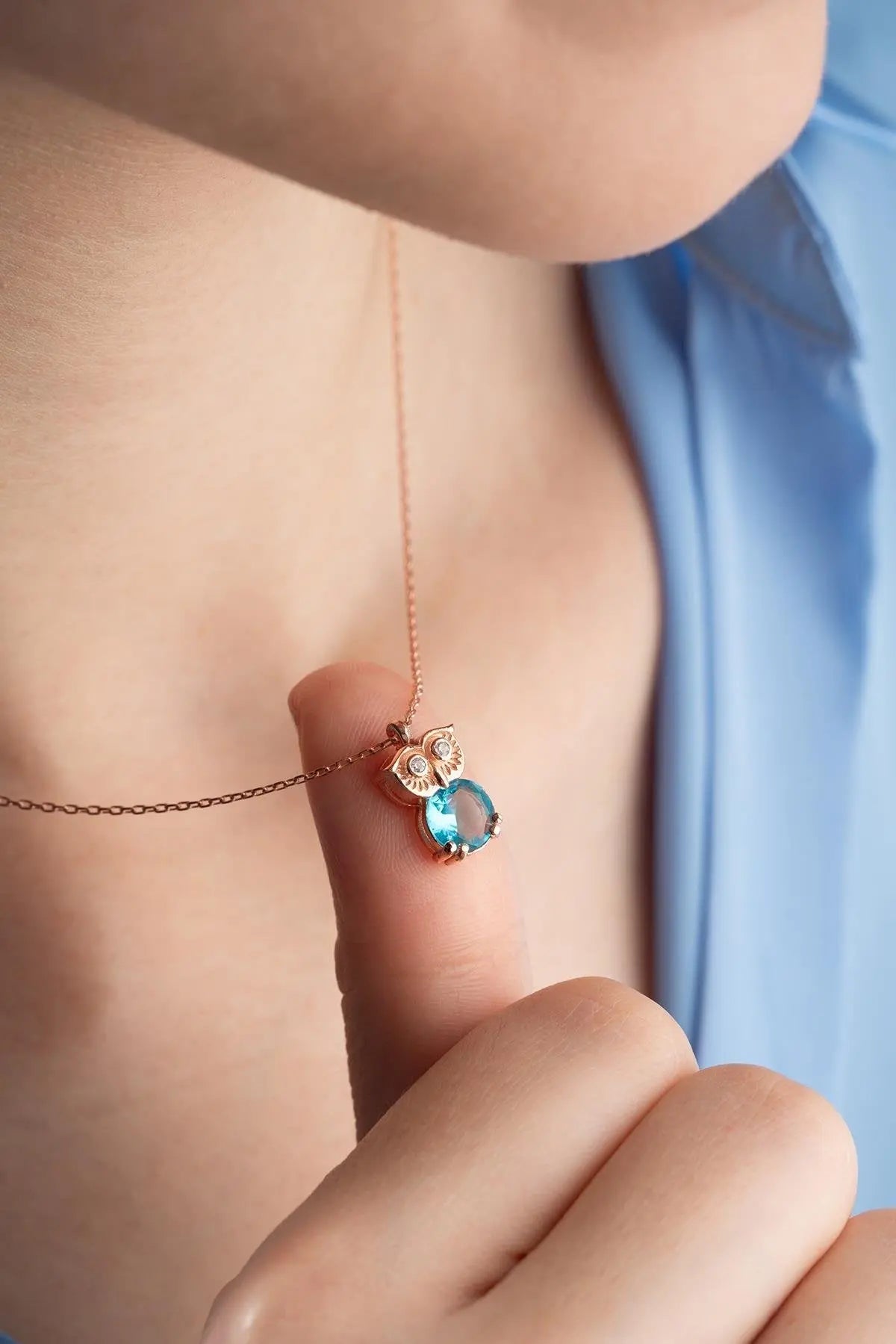 Aquamarine Stone Owl Necklace Sterla jewelry