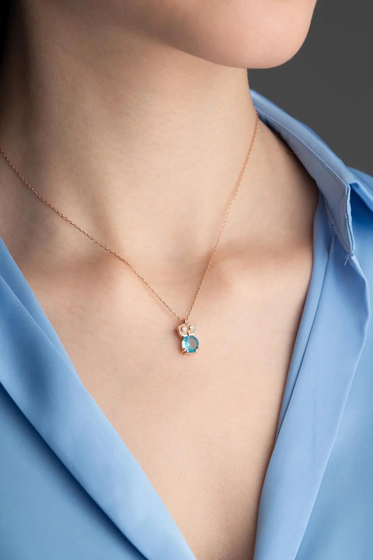 Aquamarine Stone Owl Necklace Sterla jewelry