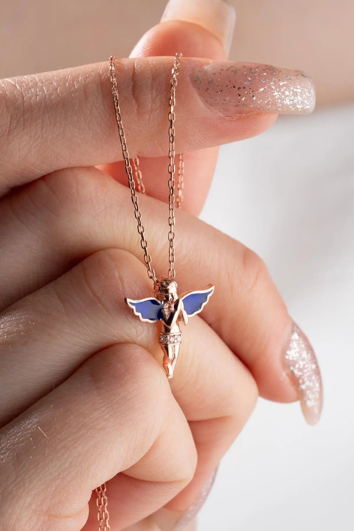 Blue Enamel Winged Fairy Necklace Sterla jewelry