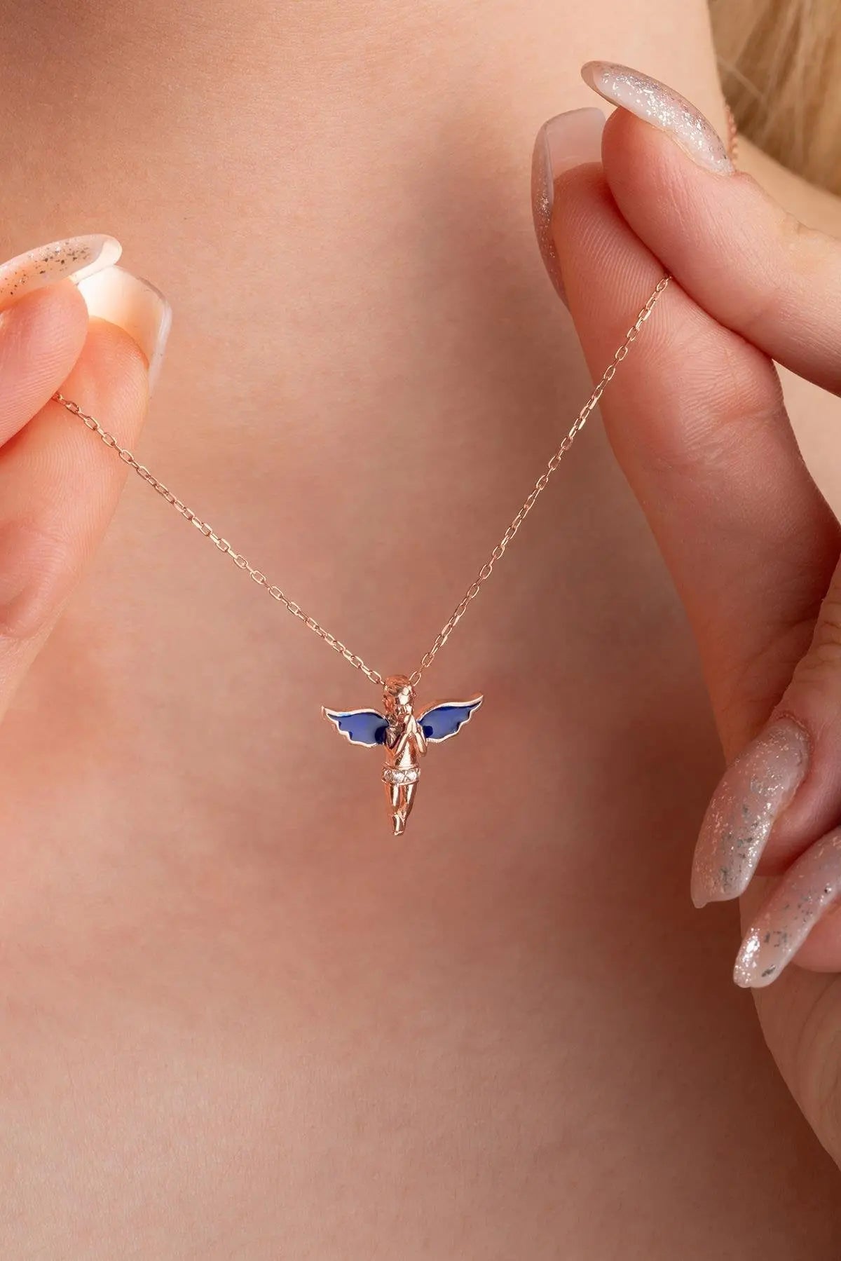 Blue Enamel Winged Fairy Necklace Sterla jewelry