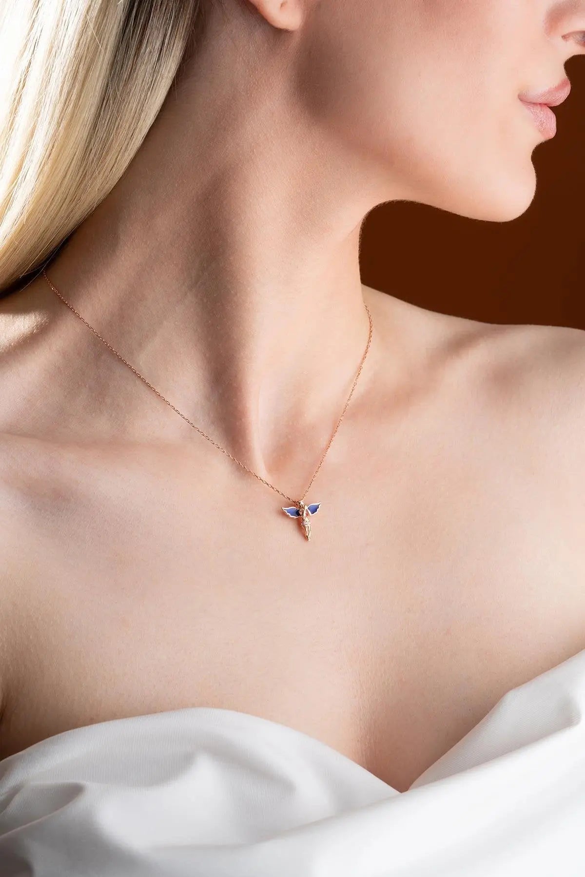 Blue Enamel Winged Fairy Necklace Sterla jewelry