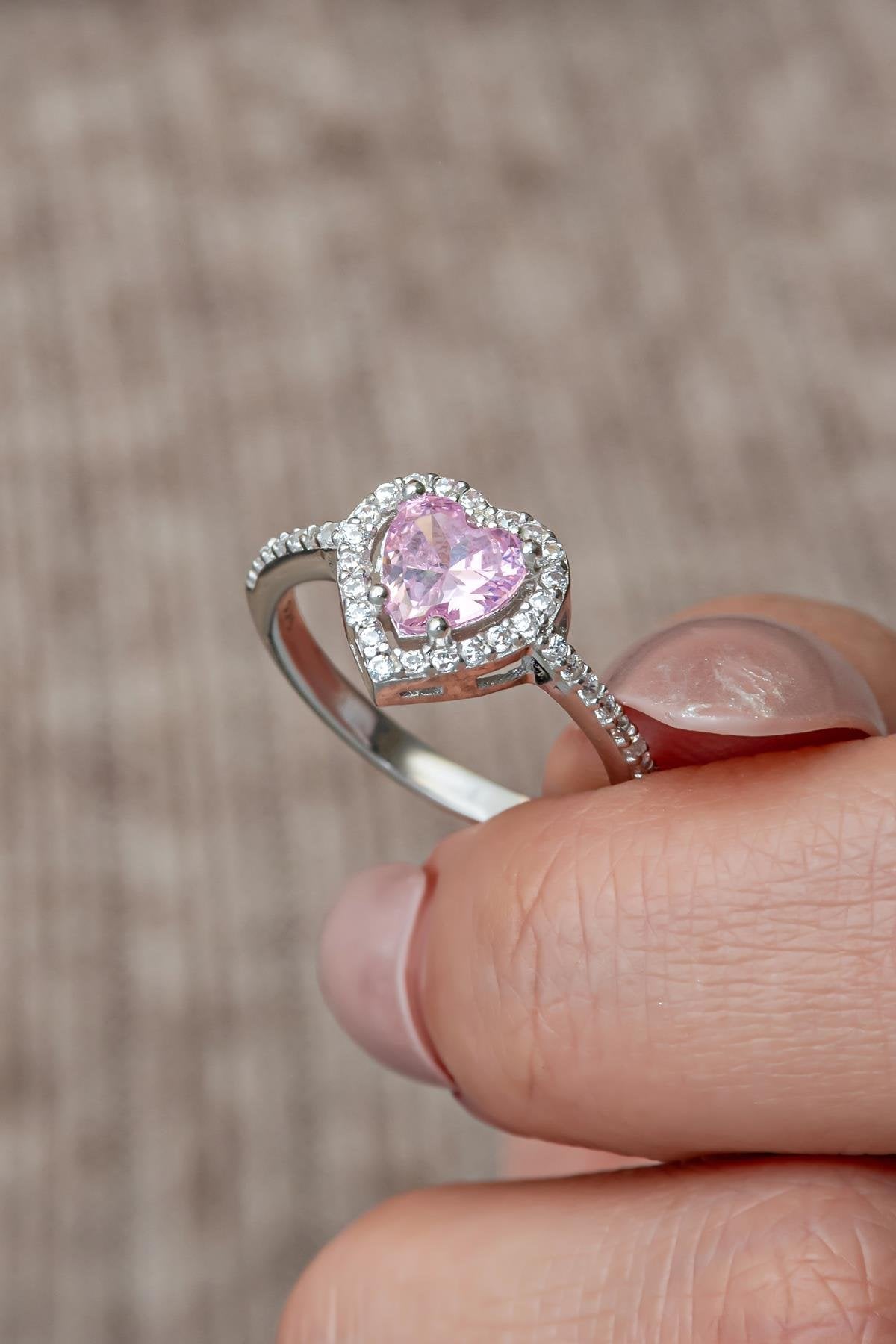 Pink Heart Rhodium plated Ring