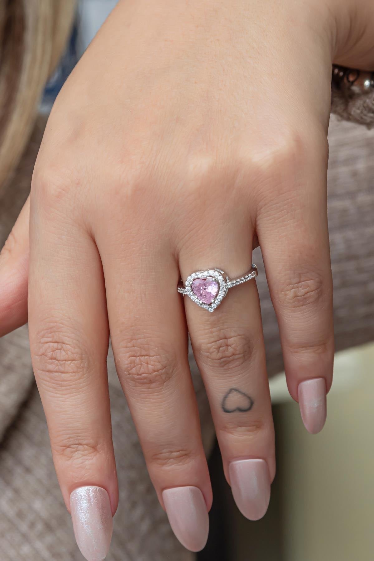 Pink Heart Rhodium plated Ring