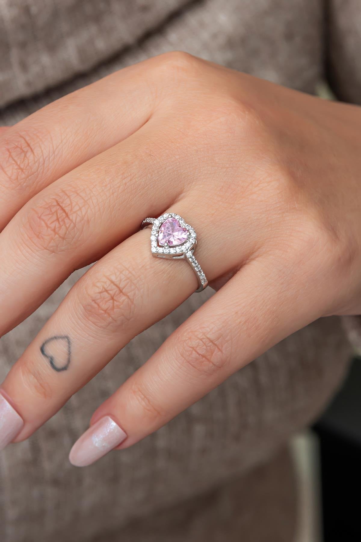 Pink Heart Rhodium plated Ring